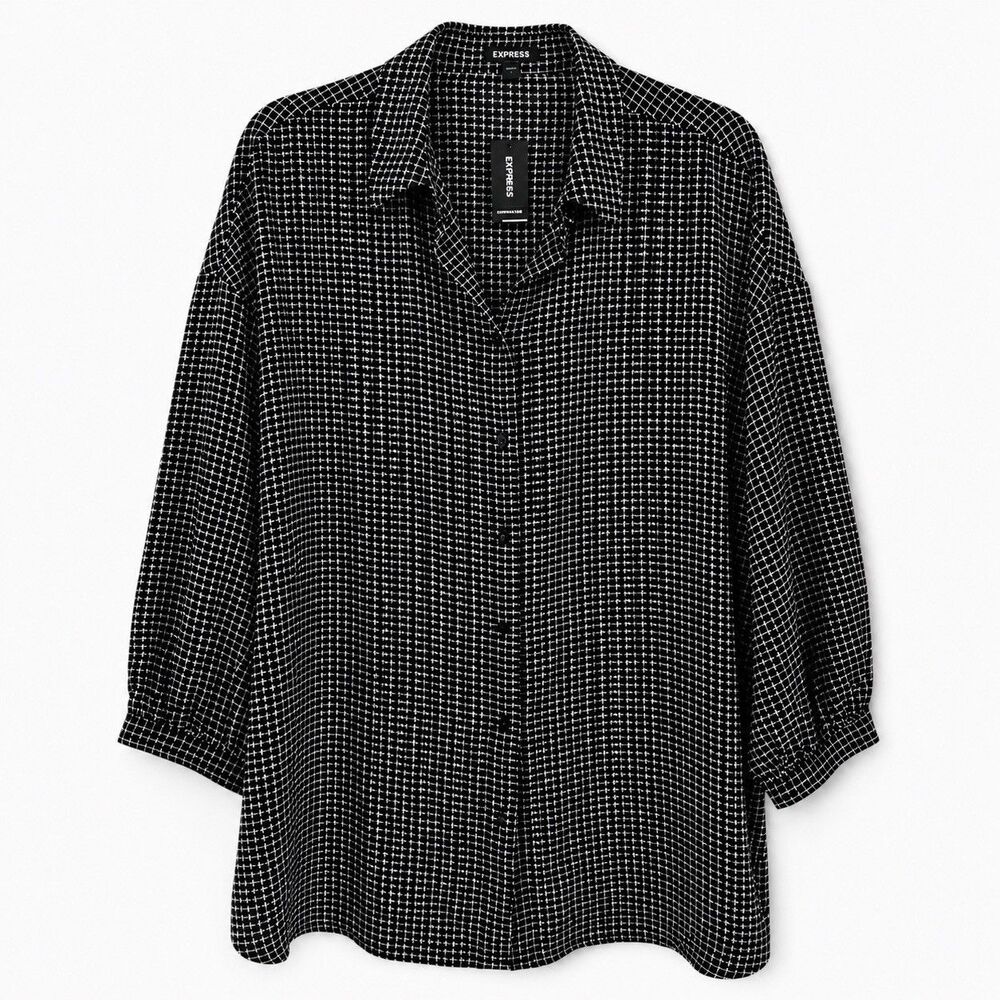Express Womens Large Black White Geometric Grid Button Front Blouse 3/4 Sleeve